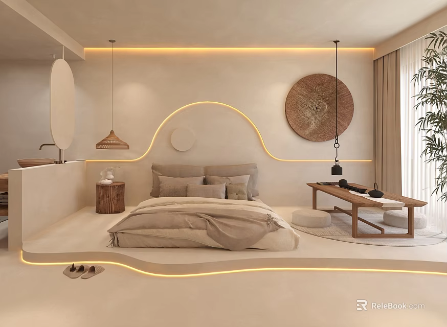 Hotel Room With Modern Minimalist Design Circular Wall Art Built In Lighting And Wooden Nightstand 3d model 