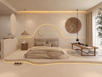 Hotel Room With Modern Minimalist Design Circular Wall Art Built In Lighting And Wooden Nightstand 3d model