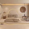 Hotel Room With Modern Minimalist Design Circular Wall Art Built In Lighting And Wooden Nightstand