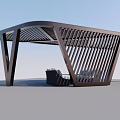 Modern Pergola Design With Geometric Metal Frame And Striped Pattern For Outdoor Seating Area