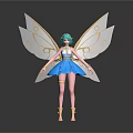 Vibrant Game Movie Fairy Character With Teal Hair Golden Wings Blue Dress And Yellow Boots