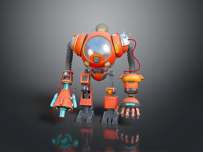 Game Movie Character Orange Mechanical Robot With Metallic Body Red Wires And 3D Rendered Design 3d model
