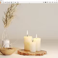Home Decorative Ornament Set With Burning Candles On Wooden Tray And Dried Twigs