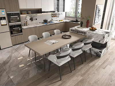 Open Modern Kitchen Interior With Island Counter Dining Table Chairs And Appliances 3d model