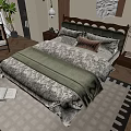 Double Bed with Upholstered Headboard Green Blanket Bedside Table Lamp and Rug with Open Book