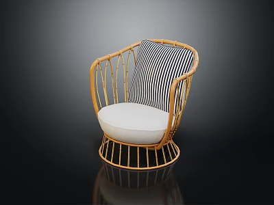 Stylish Rattan Single Sofa With White Cushion And Black White Striped Pillow 3d model