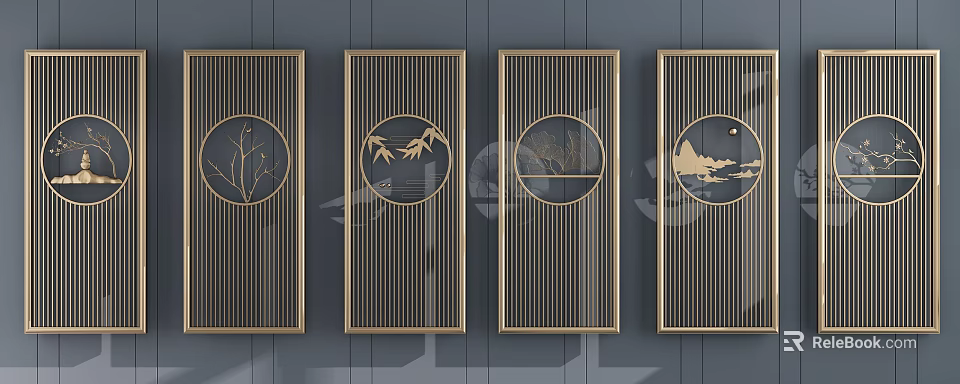 Golden Chinese Style Partition With Circular Pattern Bamboo Tree And Landscape Designs 3d model