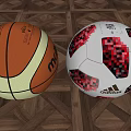 Premium Sports Equipment Including Basketball and Soccer Ball with Distinctive Patterns on Wooden Floor