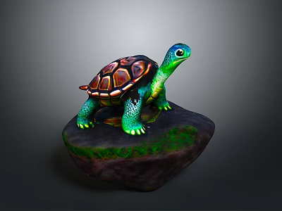 Vibrant Turtle Figurine With Colorful Shell Green Limbs And Head On Rock With Green Moss 3d model