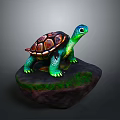 Vibrant Turtle Figurine With Colorful Shell Green Limbs And Head On Rock With Green Moss