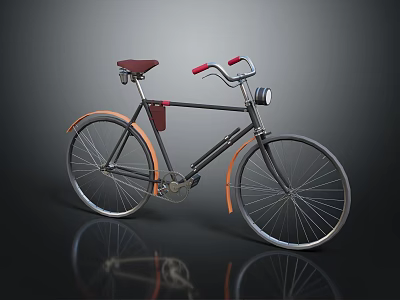 Vintage Bicycle With Brown Seat Red Handlebars Orange Fenders Front Light And Leather Pouch 3d model