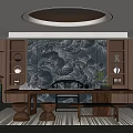 Modern Tea Room Interior With Wooden Table Lotus Mural And Circular Ceiling Light