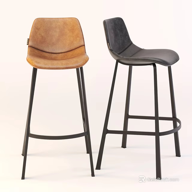 Modern Brown and Black Leather Bar Stools with Sturdy Metal Frame Design 3d model 