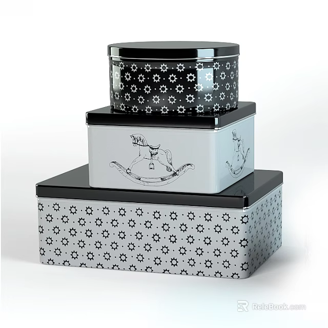 Decorative Ornament Set Of Stacked Boxes With Black Silver Floral Patterns And Nested Design 3d model 