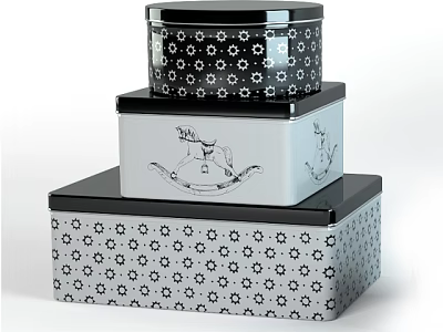 Decorative Ornament Set Of Stacked Boxes With Black Silver Floral Patterns And Nested Design 3d model
