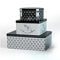 Decorative Ornament Set Of Stacked Boxes With Black Silver Floral Patterns And Nested Design