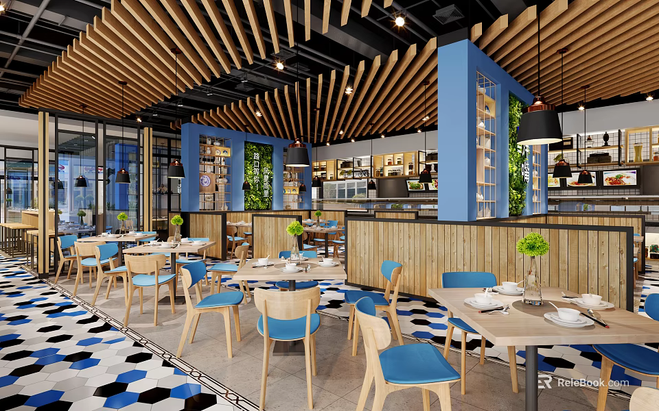 Modern Cafe Interior With Wooden Ceiling Blue Walls Green Plants And Tables Chairs 3d model 