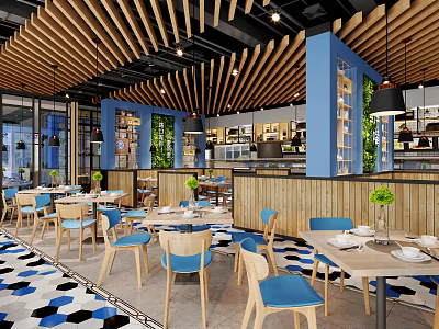 Modern Cafe Interior With Wooden Ceiling Blue Walls Green Plants And Tables Chairs 3d model