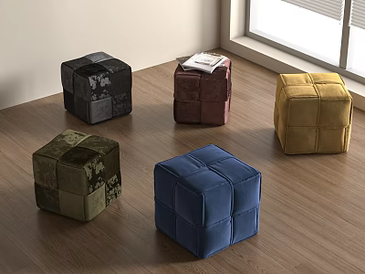 Colorful Velvet Ottoman Stools With Various Colors On Wooden Floor Near Window 3d model