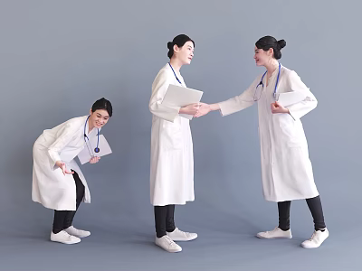 Three Female Medical Staff Shaking Hands Bending with Folders Stethoscope in Gray Background 3d model