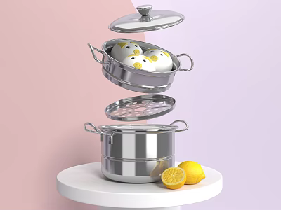 Stainless Steel Steamer With Smiley Face Steamed Eggs And Lemons On White Table 3d model