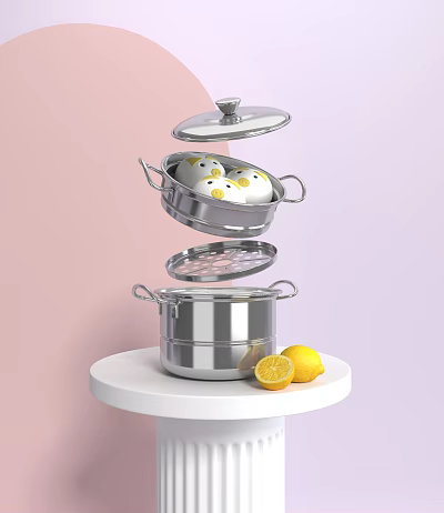 Stainless Steel Steamer With Smiley Face Steamed Eggs And Lemons On White Table 3d model
