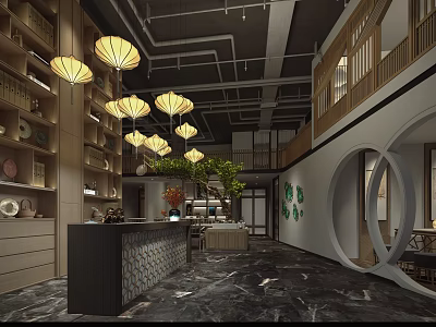 Traditional Chinese Front Desk Reception With Lantern Chandeliers Display Shelves And Marble Floor 3d model