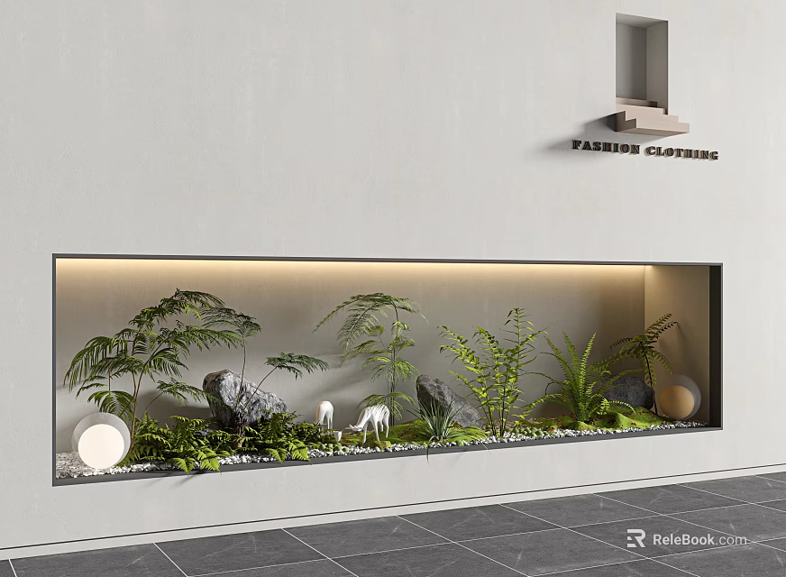 Indoor Landscape Featuring Green Plants Stones Pebbles Round Light And Farms Gardens Shelf 3d model 
