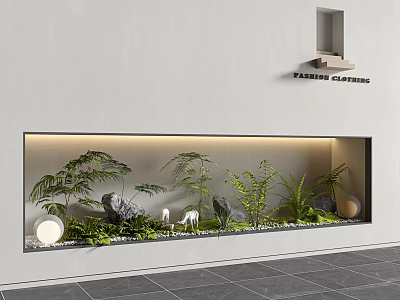 Indoor Landscape Featuring Green Plants Stones Pebbles Round Light And Farms Gardens Shelf 3d model