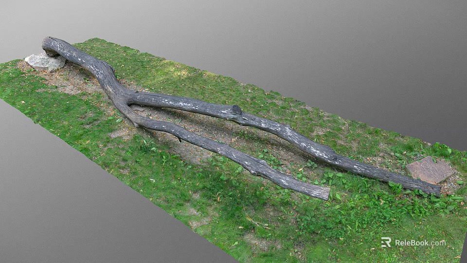 Natural Wooden Log with Rough Surface Texture Lying on Green Grass Area 3d model 