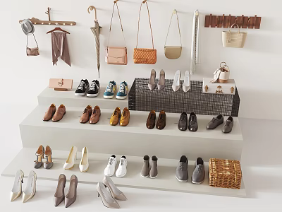 Stylish Clothes Display With Shoes Bags Hats And Umbrella On Step Shelves 3d model