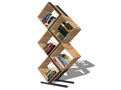 Modern Geometric Wooden Bookshelf With Multiple Shelves Holding Colorful Books 3d model