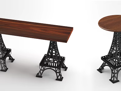 Rectangular And Round Dining Tables With Wooden Top And Eiffel Tower Inspired Legs 3d model