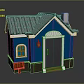 Blue House With Gray Tiled Roof White Door Frame Red Bench And Wall Lantern