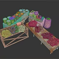 Scenic Outdoor Market with Wooden Stalls Clothing Barrels and Round Goods