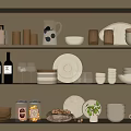 Elegant Tableware Collection On Kitchen Shelves With Bowls Plates Cups Jars And Glassware
