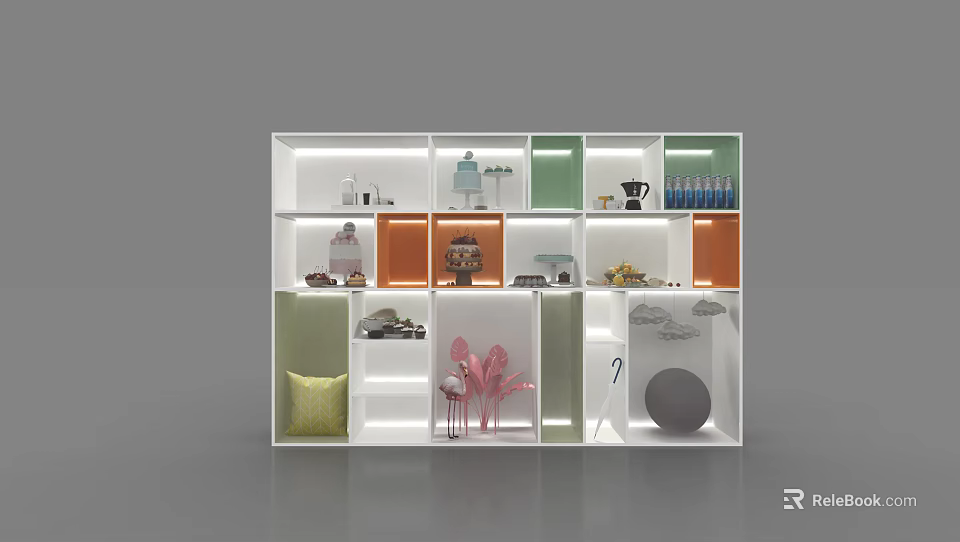 Colorful Modular Display Shelf With Flamingo Figurine Books Decorative Items And Storage Cubes 3d model 