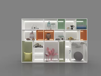 Colorful Modular Display Shelf With Flamingo Figurine Books Decorative Items And Storage Cubes 3d model