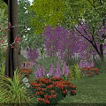 Vibrant Garden With Colorful Flowers Green Plants Purple Blooms And Lush Grass