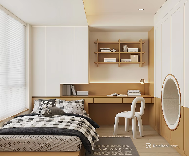 Modern Tatami Bedroom Interior With Bed Desk Bookshelf White Cabinet And Chair 3d model 