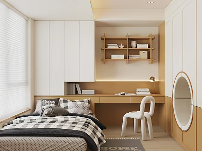 Modern Tatami Bedroom Interior With Bed Desk Bookshelf White Cabinet And Chair 3d model