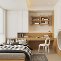 Modern Tatami Bedroom Interior With Bed Desk Bookshelf White Cabinet And Chair