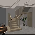Modern Wooden Staircase in Light Colored Interior With Sofa Plant and Cabinet