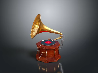 Vintage Phonograph With Golden Horn Wooden Base And Black Vinyl Turntable 3d model