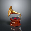 Vintage Phonograph With Golden Horn Wooden Base And Black Vinyl Turntable