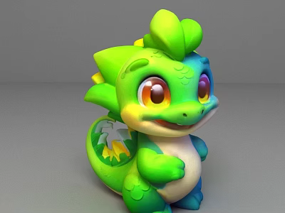 Cute Green Dragon 3D Figurine With Big Eyes And Colorful Gradient Design 3d model