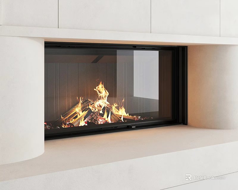 Modern Fireplace with Glass Door and Burning Fire in Minimalist White Interior 3d model 