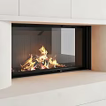 Modern Fireplace with Glass Door and Burning Fire in Minimalist White Interior