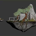 Enchanting Floating Island Landscape with Mountain Lush Trees Traditional Building Flowing Stream and Small Island