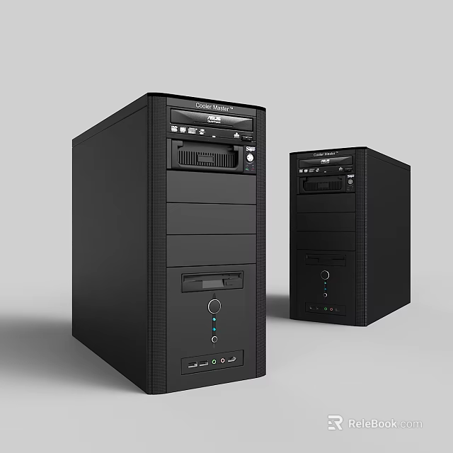 Black Desktop Computer Towers With Front Panel Ports And CD Drive Design 3d model